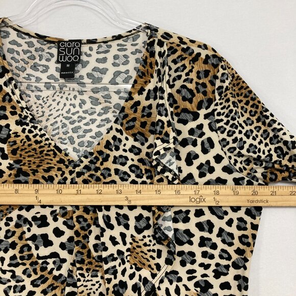 Clara Sun Woo Medium Black Brown Leopard Print Ruffle Detail V neck Stretch Top - Picture 6 of 10